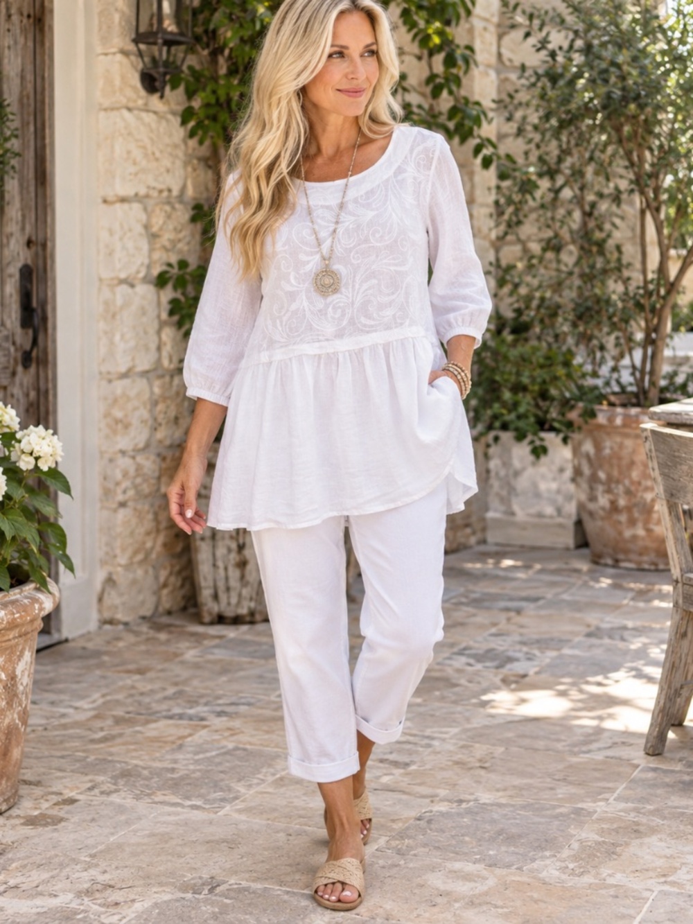 Alessia Pacini Made in Italy 100% Linen Embroidered White Lagenlook Tunic L